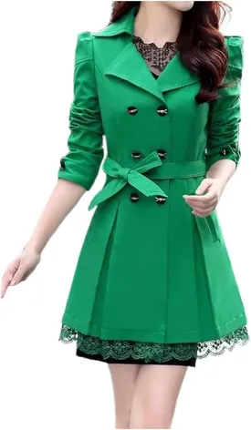 Womens 2024 Fashion Solid Lace Outwear Long Sleeve Double Breasted Overcoat Comfy Slim Trench Coat with Bowknot Belt
