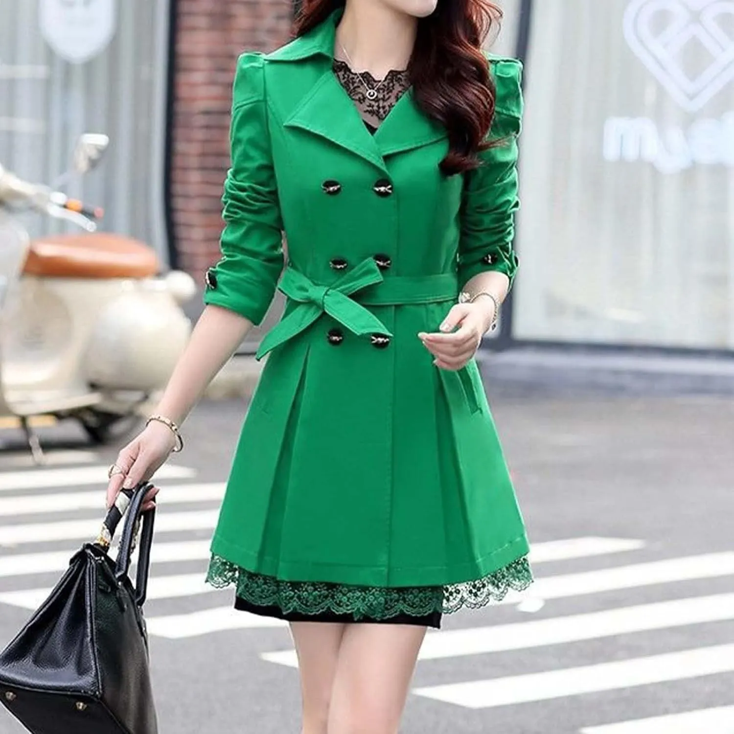 Womens 2024 Fashion Solid Lace Outwear Long Sleeve Double Breasted Overcoat Comfy Slim Trench Coat with Bowknot Belt
