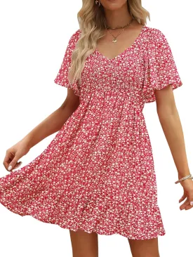 Womens Cute Floral Smocked V Neck Flutter Sleeve Sundress with Pockets Casual Spring Summer Dresses for Women 2025
