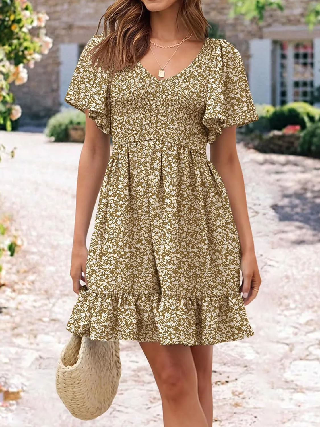 Womens Cute Floral Smocked V Neck Flutter Sleeve Sundress with Pockets Casual Spring Summer Dresses for Women 2025