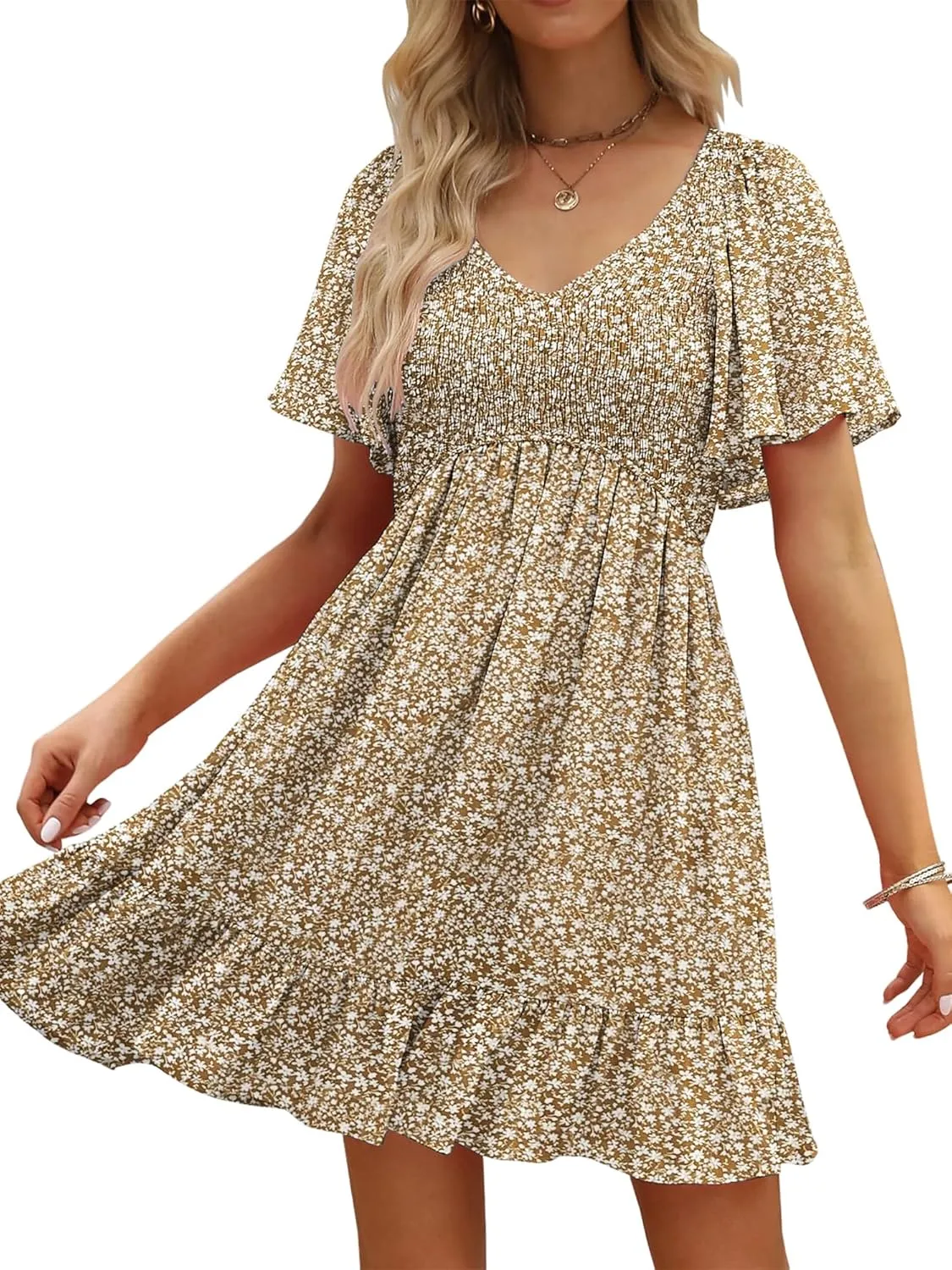 Womens Cute Floral Smocked V Neck Flutter Sleeve Sundress with Pockets Casual Spring Summer Dresses for Women 2025