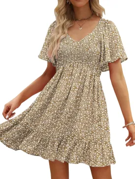 Womens Cute Floral Smocked V Neck Flutter Sleeve Sundress with Pockets Casual Spring Summer Dresses for Women 2025