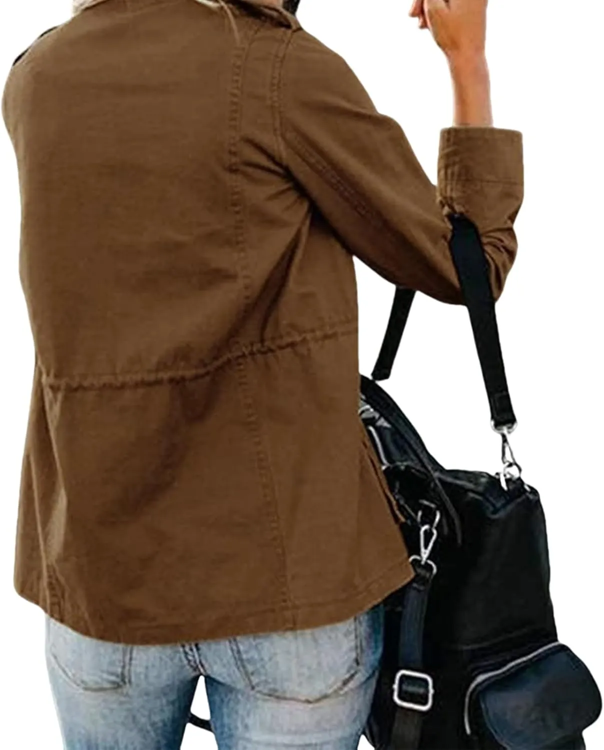 Women's Military Jacket Zip Up Snap Buttons Coat Lightweight Cargo Anorak Safari Utility Coat Outwear with Pockets
