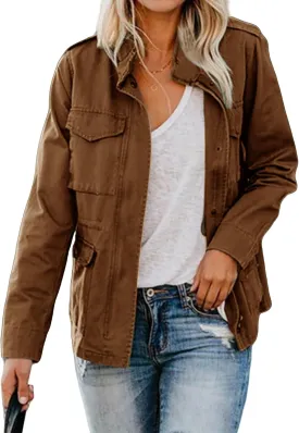 Women's Military Jacket Zip Up Snap Buttons Coat Lightweight Cargo Anorak Safari Utility Coat Outwear with Pockets