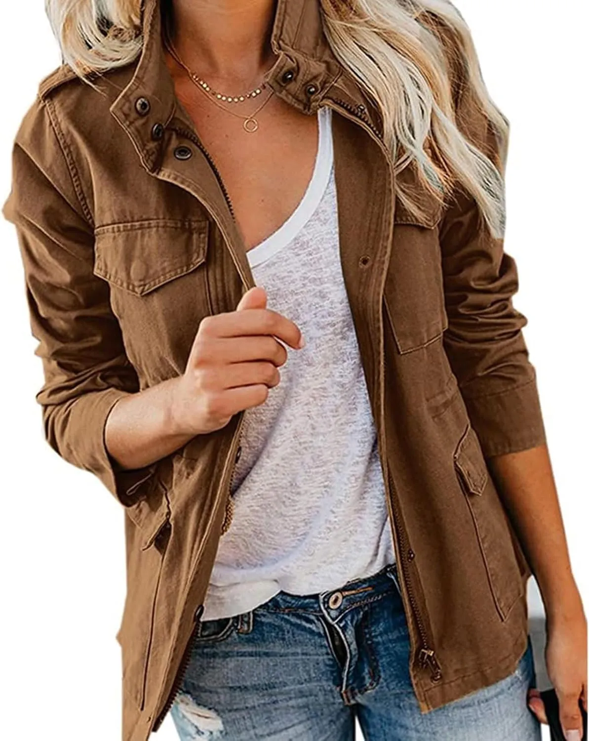 Women's Military Jacket Zip Up Snap Buttons Coat Lightweight Cargo Anorak Safari Utility Coat Outwear with Pockets