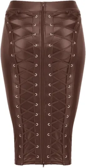 Women's Party Sexy Faux Leather Skirt Lace Up Zipper Bodycon Pencil Skirt High Waist Midi Package Hip Skirt