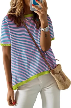 Womens Sweaters Casual Crewneck Short Sleeve Striped Color Block Knitted Cotton Trendy Pullover Sweater Tops