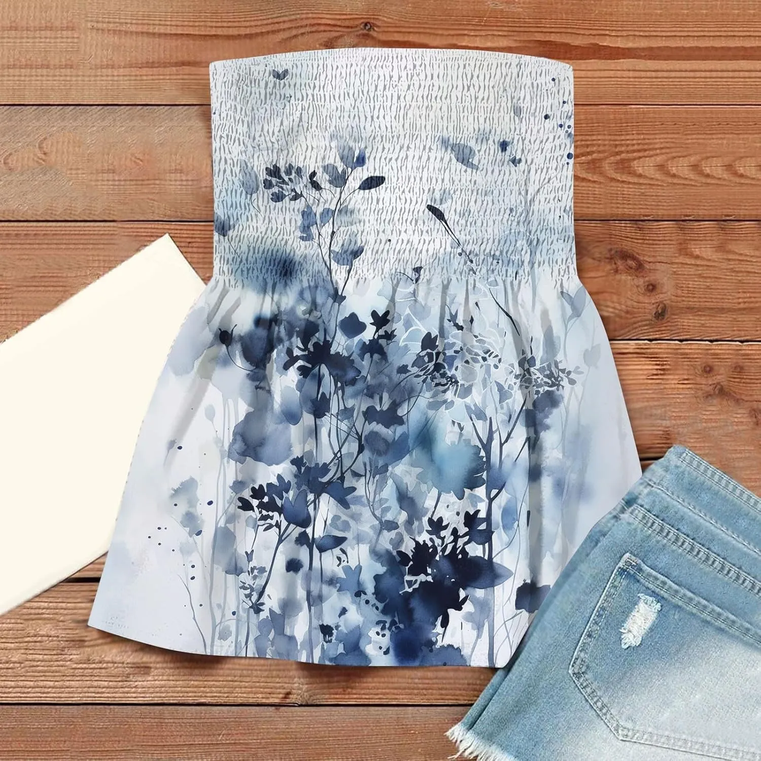 Womens Tube Tops Floral Smocked Ruffled Strapless Striped Tanks Backless Sexy Casual Bandeau Sleeveless Shirt
