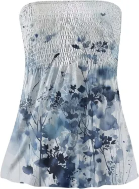 Womens Tube Tops Floral Smocked Ruffled Strapless Striped Tanks Backless Sexy Casual Bandeau Sleeveless Shirt