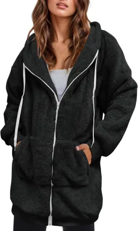 Women's Y2K Fleece Jackets & Coats Full Zip Up Hooded Overcoats With Pocket Sweater Oversized Outerwear Plus Size