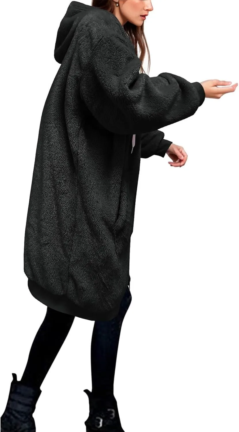 Women's Y2K Fleece Jackets & Coats Full Zip Up Hooded Overcoats With Pocket Sweater Oversized Outerwear Plus Size