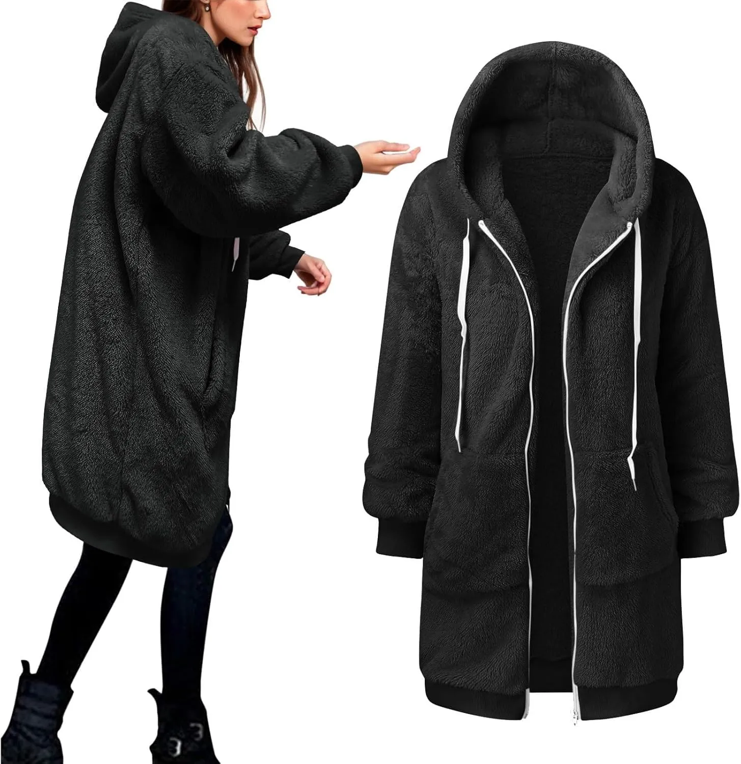 Women's Y2K Fleece Jackets & Coats Full Zip Up Hooded Overcoats With Pocket Sweater Oversized Outerwear Plus Size