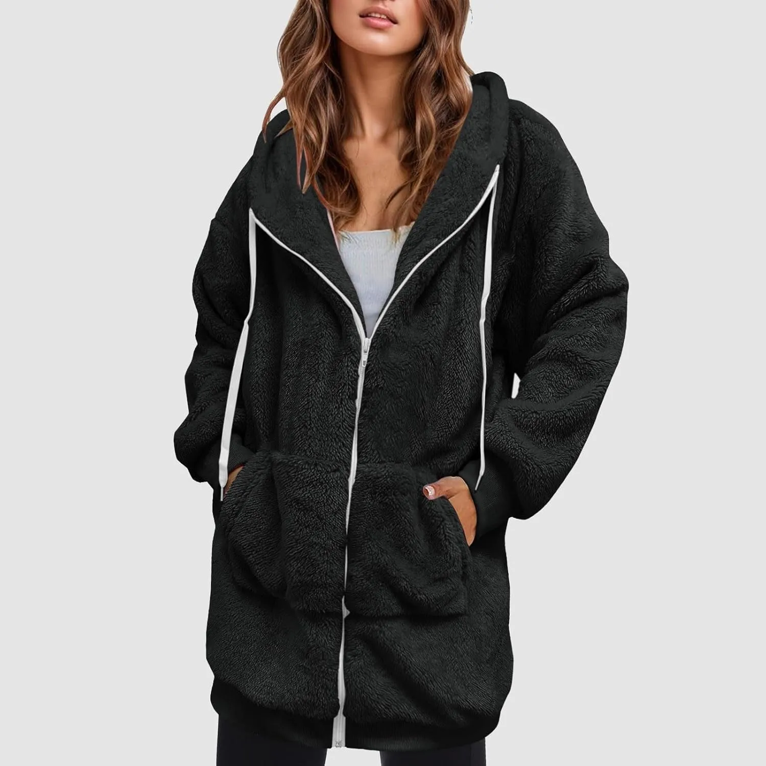Women's Y2K Fleece Jackets & Coats Full Zip Up Hooded Overcoats With Pocket Sweater Oversized Outerwear Plus Size