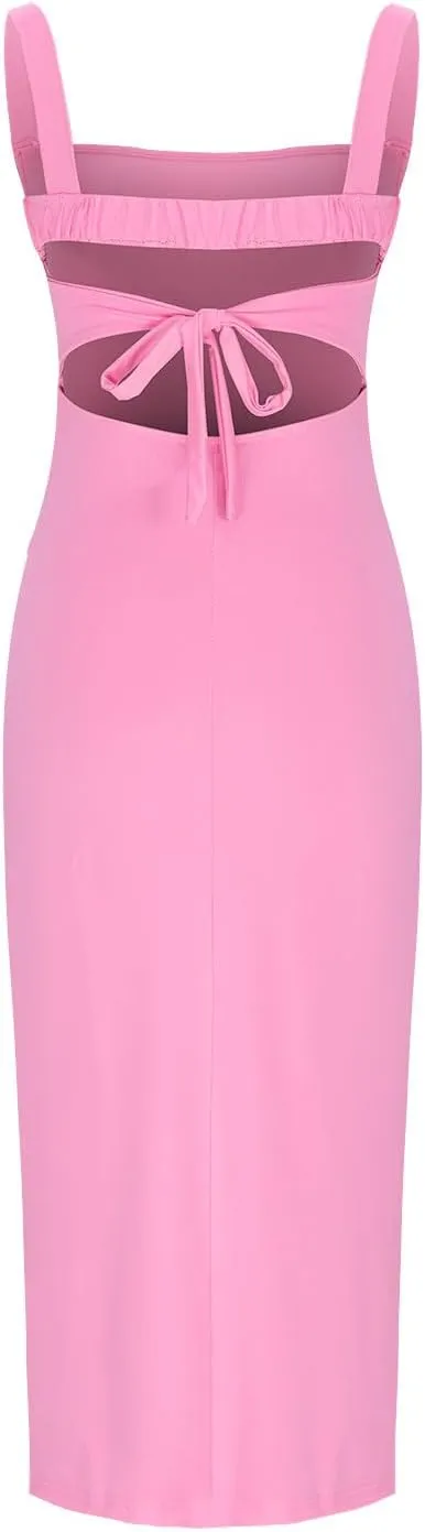Xiaojmake Square Neck Bodycon Long Dress Sleeveless High Slit Cocktail Party Dresses Casual Summer Beach Vacation Dress 2025