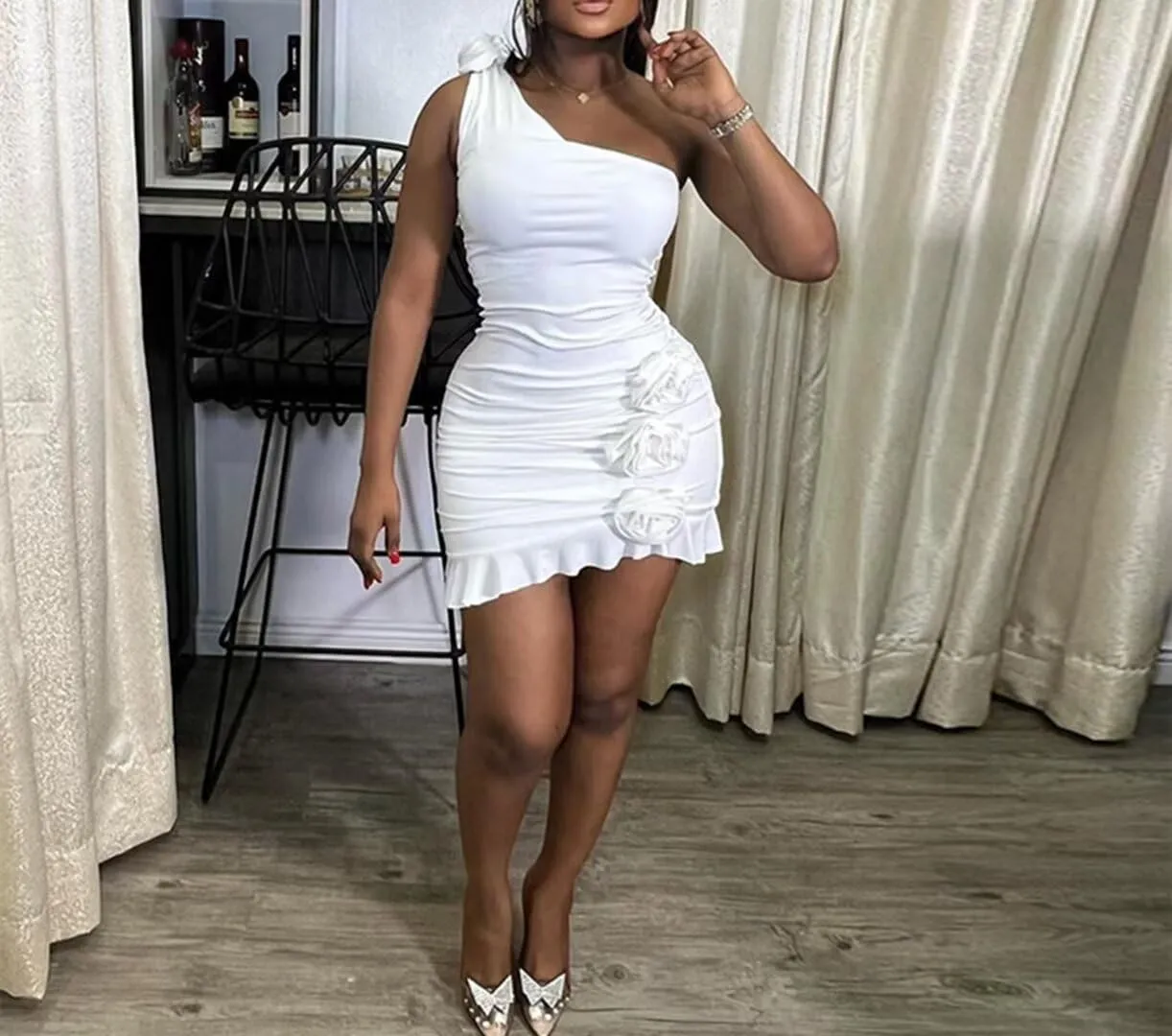 Xuan2Xuan3 Womens 2024 Summer Sexy Ruched One Shoulder Bodycon Mini Dress Bow Evening Club Short Party Dresses