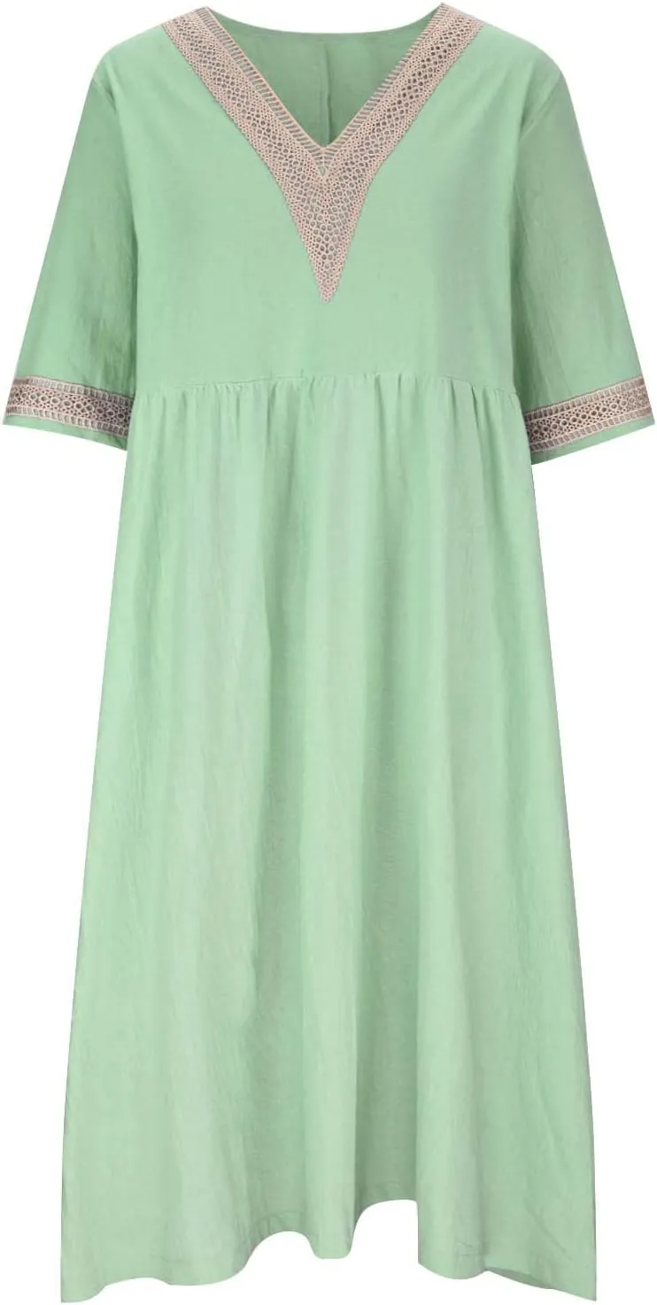 XUNRYAN Summer Dresses Women 2025 Cotton Linen Midi Dress Crochet Lace V-Neck Short Sleeve High Waist A-Line Casual Sundress