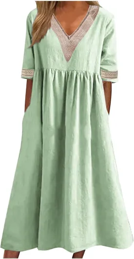 XUNRYAN Summer Dresses Women 2025 Cotton Linen Midi Dress Crochet Lace V-Neck Short Sleeve High Waist A-Line Casual Sundress