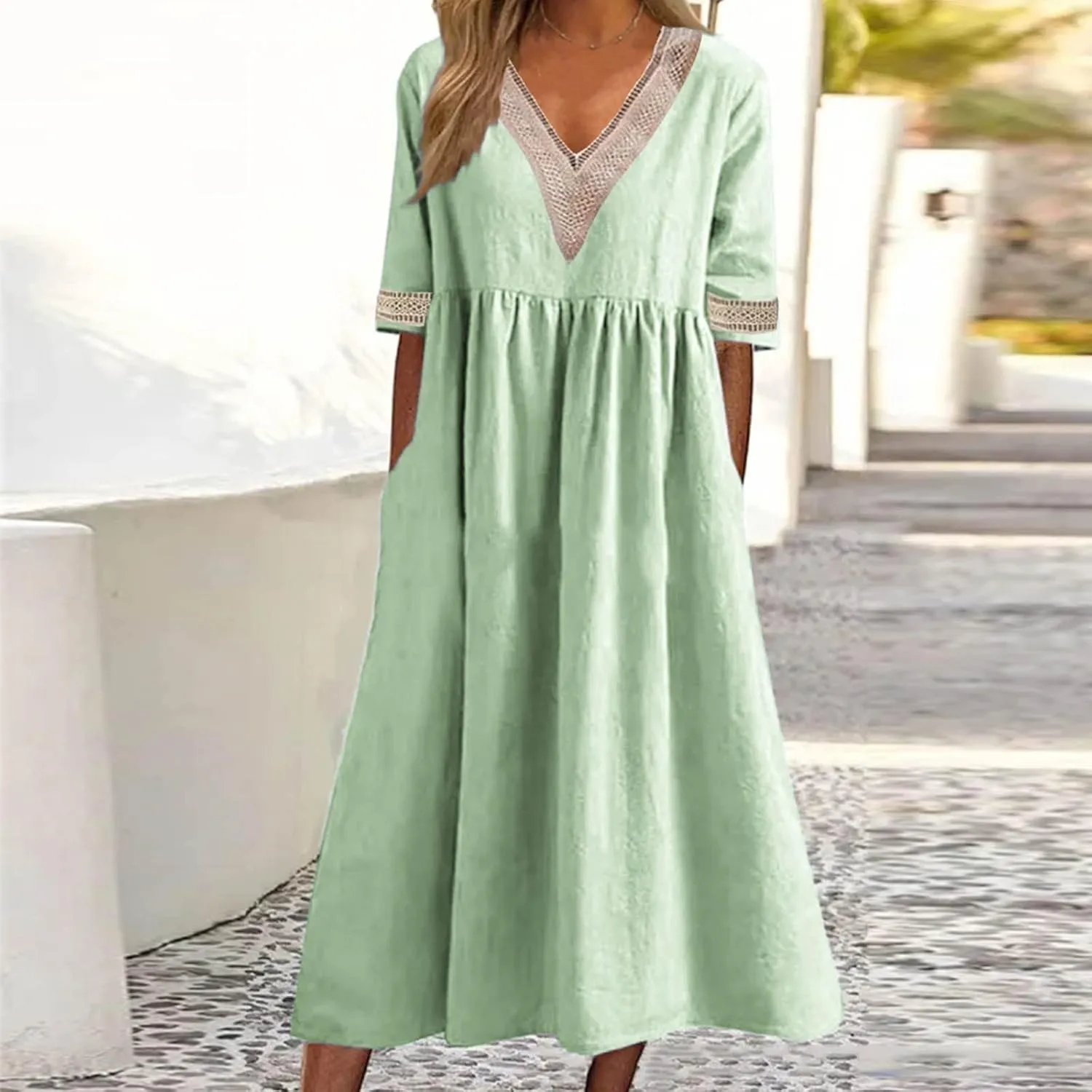 XUNRYAN Summer Dresses Women 2025 Cotton Linen Midi Dress Crochet Lace V-Neck Short Sleeve High Waist A-Line Casual Sundress