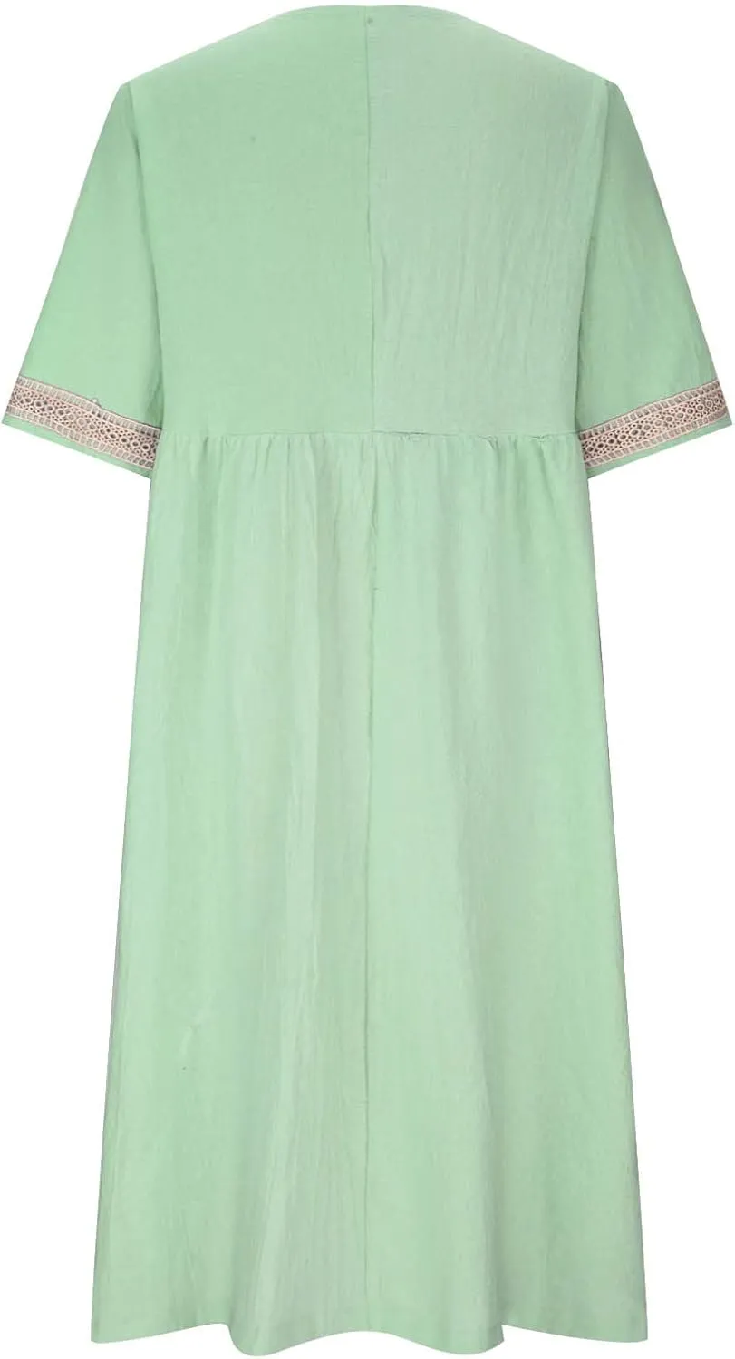 XUNRYAN Summer Dresses Women 2025 Cotton Linen Midi Dress Crochet Lace V-Neck Short Sleeve High Waist A-Line Casual Sundress