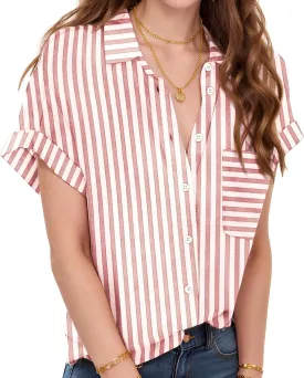 Zeagoo Linen Shirts for Women Cotton Short Sleeve V Neck Collared Button Down Blouses Tops S-3XL