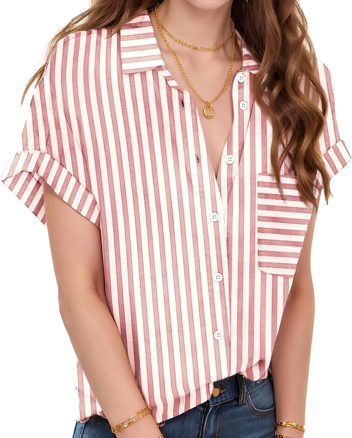 Zeagoo Linen Shirts for Women Cotton Short Sleeve V Neck Collared Button Down Blouses Tops S-3XL