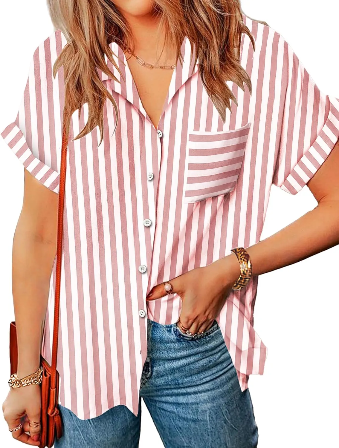 Zeagoo Linen Shirts for Women Cotton Short Sleeve V Neck Collared Button Down Blouses Tops S-3XL